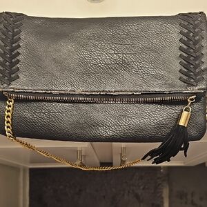 Elegant Black Leather Clutch with Gold Chain
